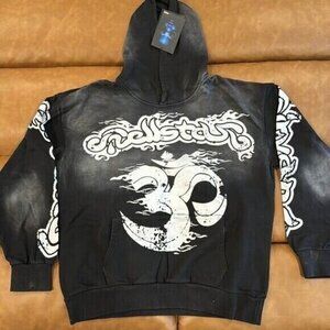 Hellsar Black Yoga Washed Black / White Pullover Hoodie Mens Size Large